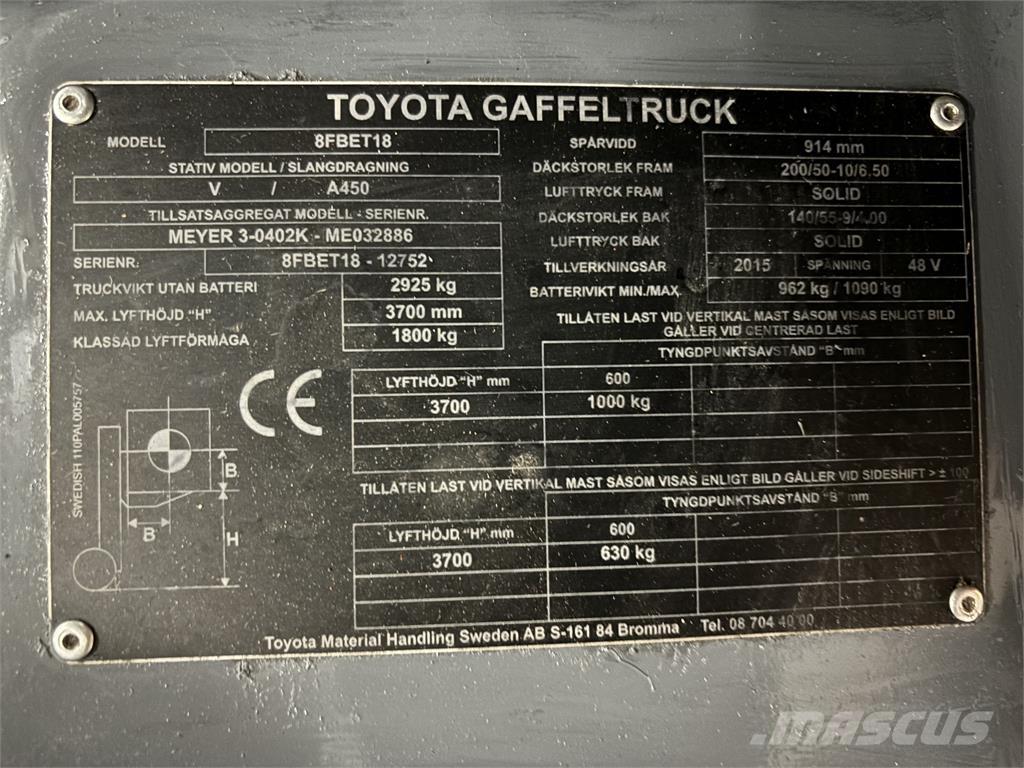 Toyota 8FBET18 Електрически вилични кари-повдигачи