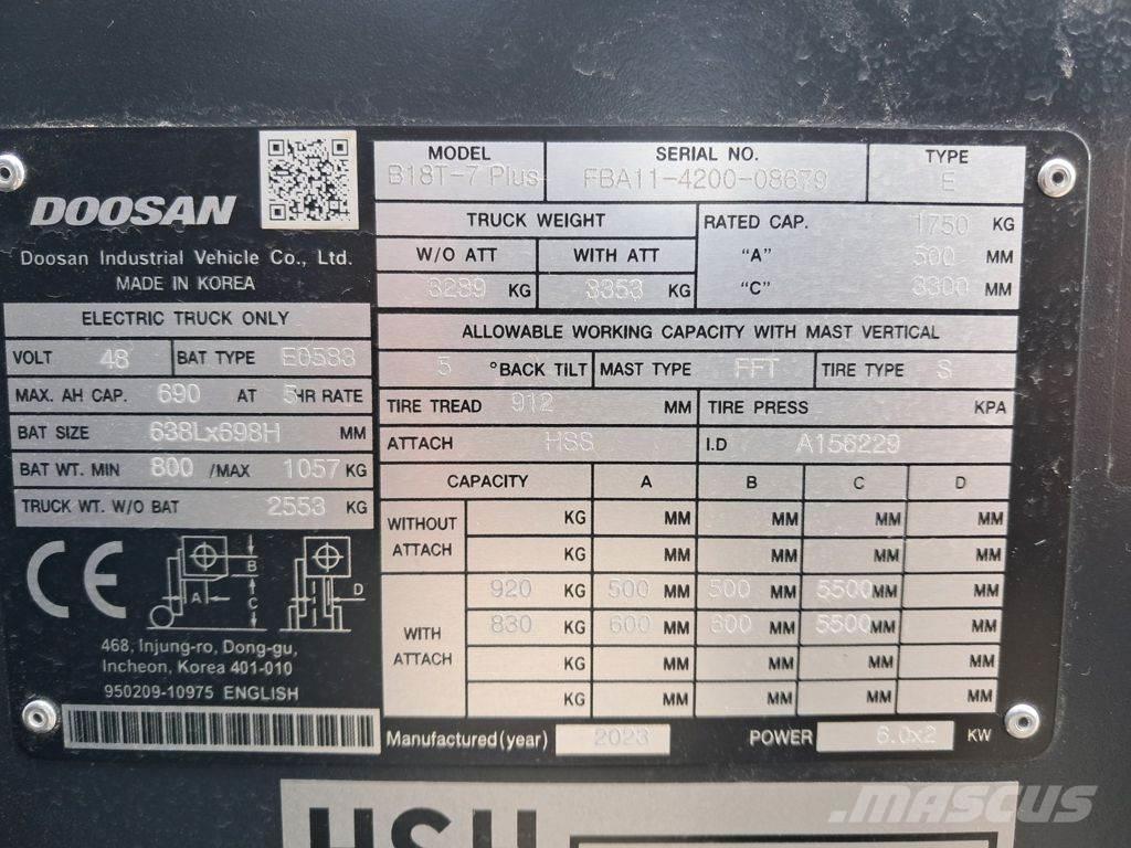 Doosan B18T-7 PLUS Електрически вилични кари-повдигачи