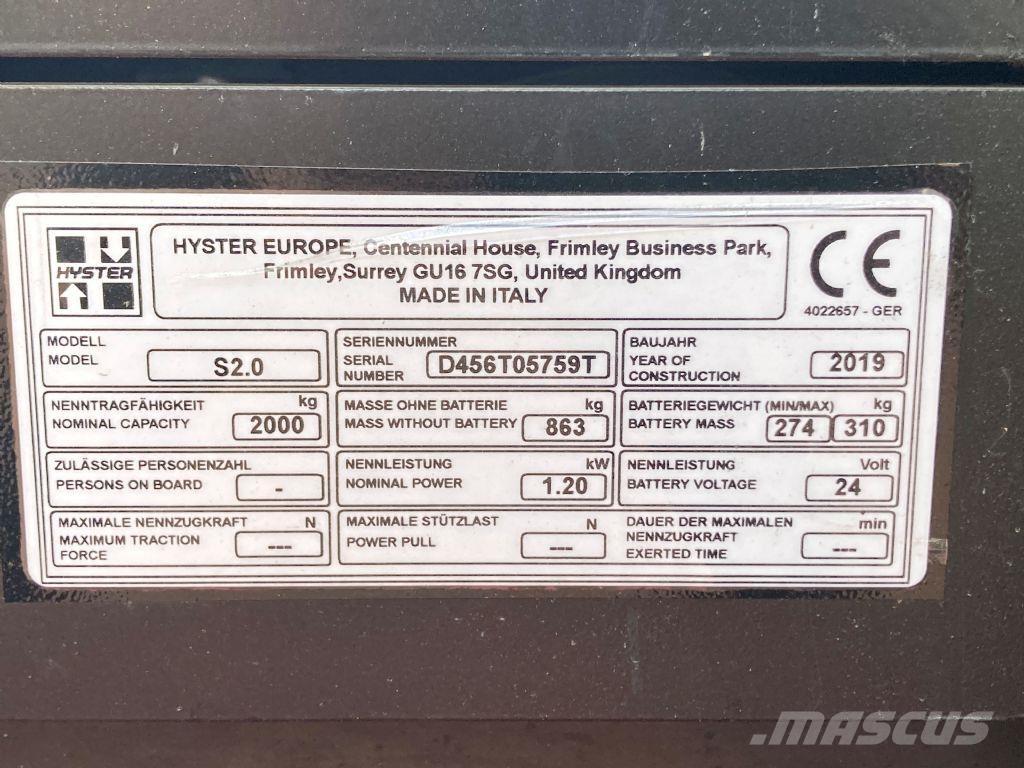 Hyster S 2.0 Колички високоповдигачи с теглич