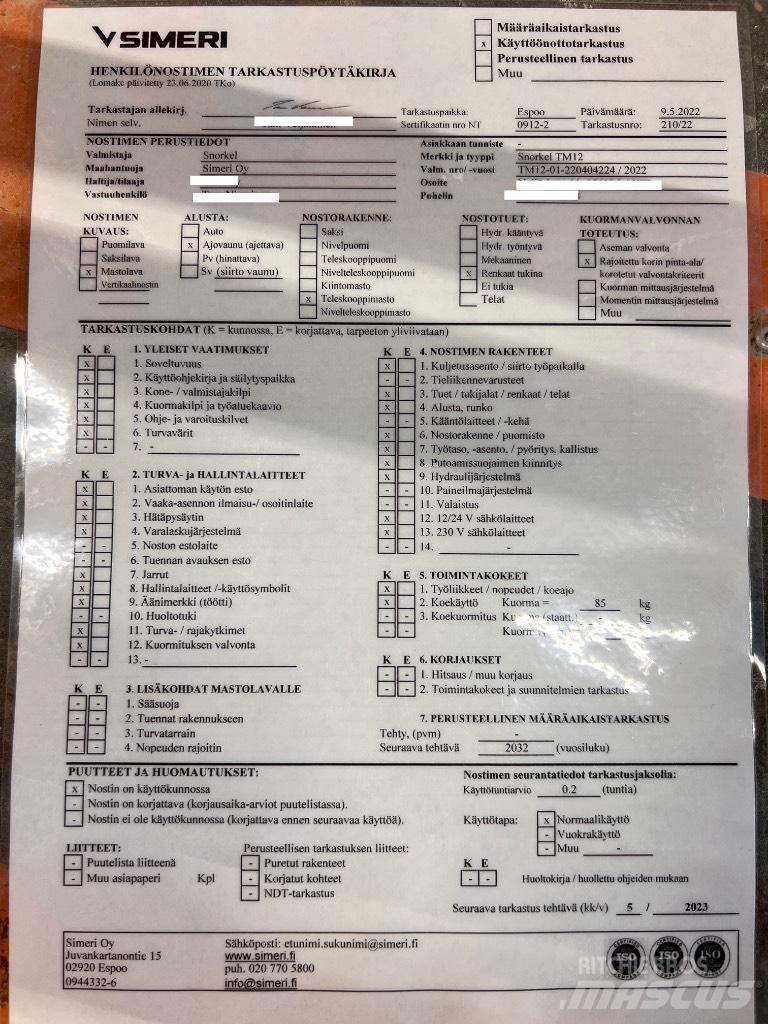 Snorkel TM 12 Вертикални мачтови повдигачи
