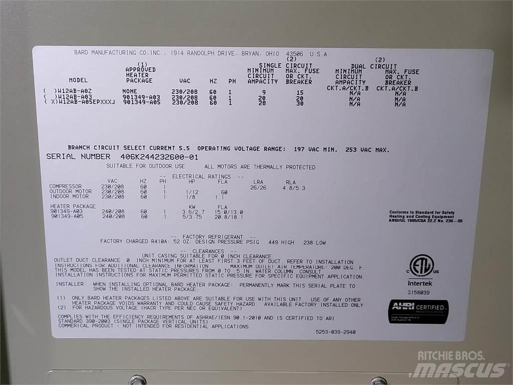  BARD W12AB-A05EPXXXJ Оборудване за отопление и размразяване